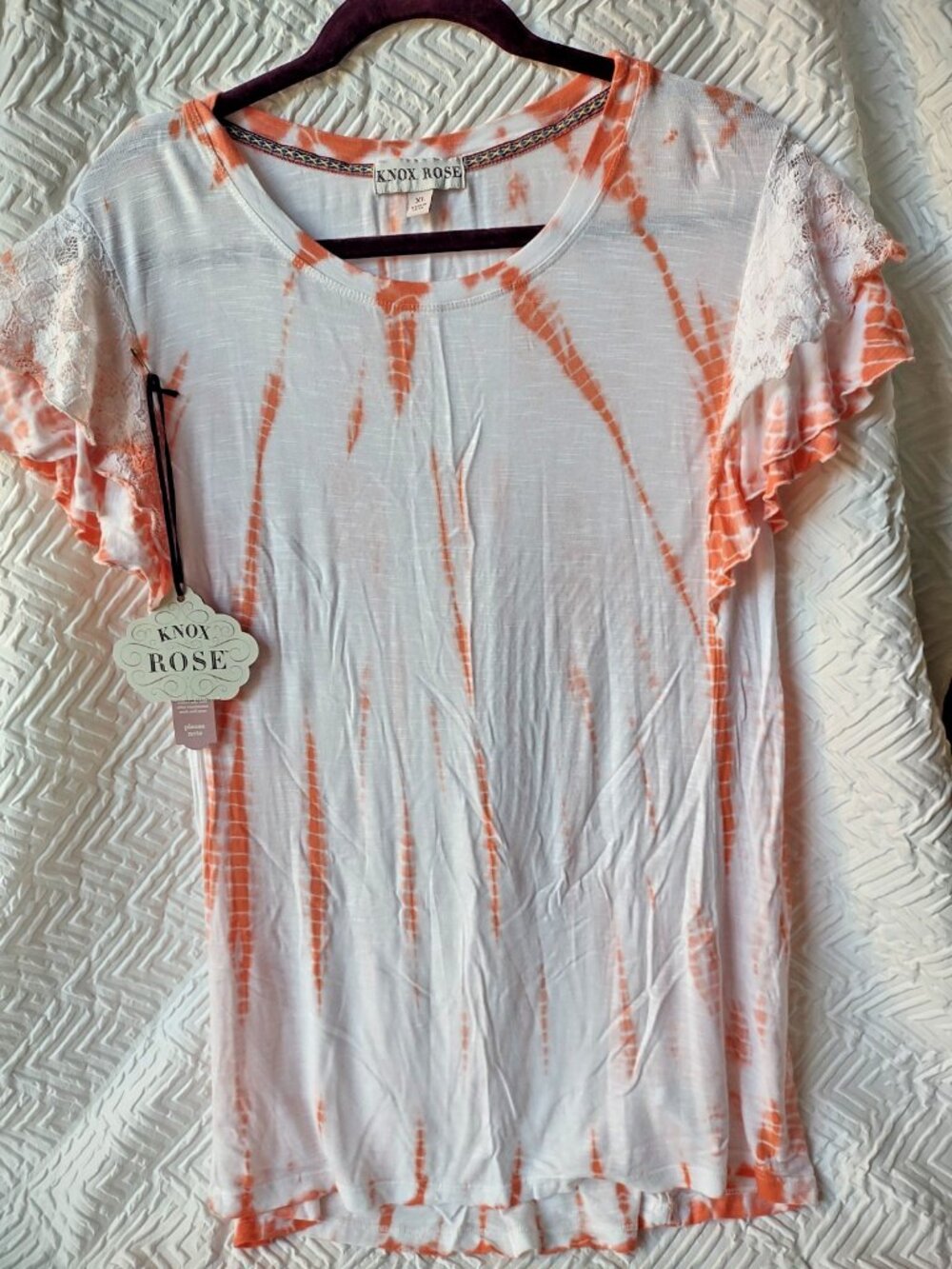 NWT Knox Rose Orange White Tie Dye Ruffle Lace Sleeve Tee Shirt Women's Size XL